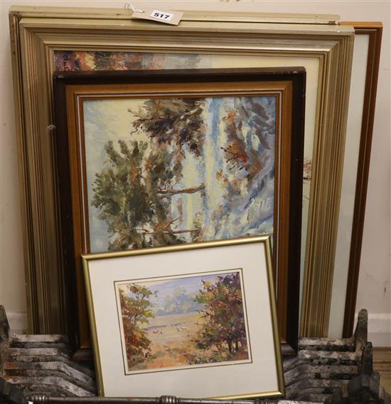 Charles Brooker (20th century), After the Harvest, signed, oil on board and five other works by the same hand